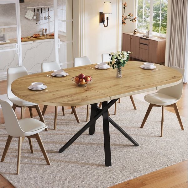 Flieks Esstisch ausziehbarer Küchentisch rund/oval (Länge 100-140x100x75,5 cm, 1-St, mit verstellbaren Füßen), erweiterbarer Tisch in Holzoptik Schreibtisch Natur, Metallgestell