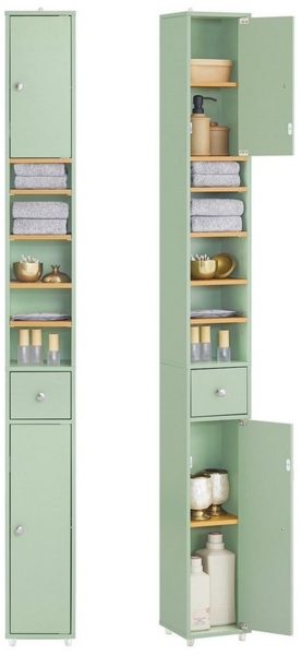 SoBuy Badezimmer Hochschrank mit 5 Fächern Badschrank Badregal mit 1 Schublade und Türen Badmöbel Hellgrün BHT ca. 20x180x20cm BZR34-GR