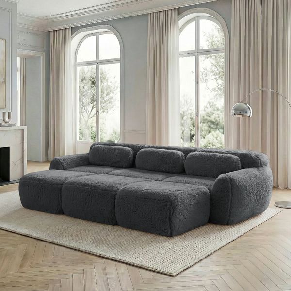 Flieks 3-Sitzer Sofa, Modulares Schlafsofa mit 3 Ottoman & 3 Kissen, rutschfester Boden, Plüsch, Grau