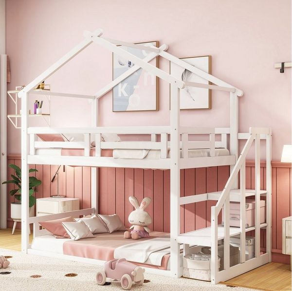 Flieks Etagenbett, Kinderbett Hochbett mit oberem Lattenrost und Treppe 90x200cm