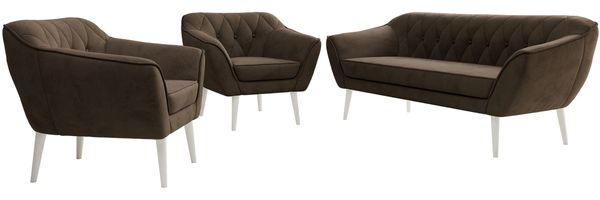 Wohnzimmerset PIRS 1-1-3, Skandinavisches 3-Sitzer Sofa mit Sesseln, Sofa mit Wellenfederung, weiße Füße, Skandinavisches Möbelset - Braun Velvet Bild 6