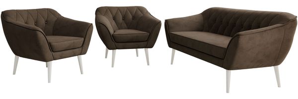 Wohnzimmerset PIRS 1-1-3, Skandinavisches 3-Sitzer Sofa mit Sesseln, Sofa mit Wellenfederung, weiße Füße, Skandinavisches Möbelset - Braun Velvet Bild 7