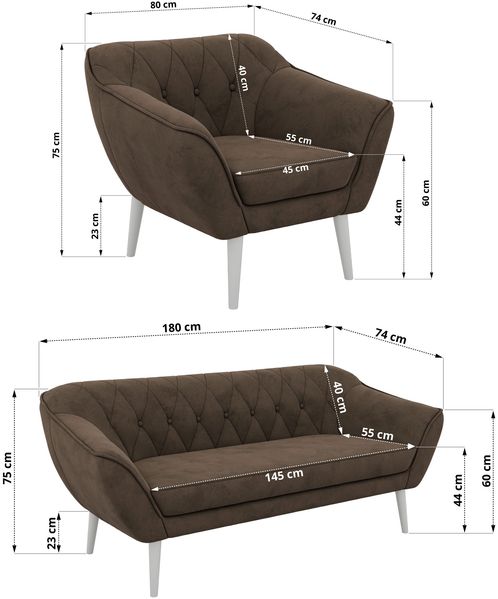 Wohnzimmerset PIRS 1-1-3, Skandinavisches 3-Sitzer Sofa mit Sesseln, Sofa mit Wellenfederung, weiße Füße, Skandinavisches Möbelset - Braun Velvet Bild 5