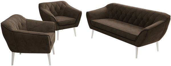 Wohnzimmerset PIRS 1-1-3, Skandinavisches 3-Sitzer Sofa mit Sesseln, Sofa mit Wellenfederung, weiße Füße, Skandinavisches Möbelset - Braun Velvet Bild 8