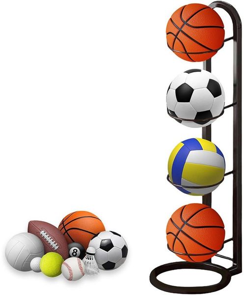 TUWENA Sportgeräte-Regalwagen 4 Lagiger Ballständer, Vertikale Ballregal, Ballhalter aus Metall, Herausnehmbare, Ballständer Display Halter Für Fußball Basketball