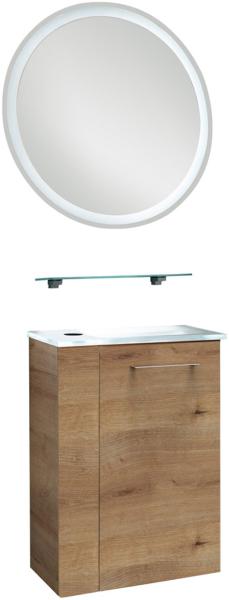 Fackelmann SBC MILANO Gäste WC Set 4-teilig 45 cm, Braun hell, rechts, Glas Weiß, LED-Spiegel+Ablage