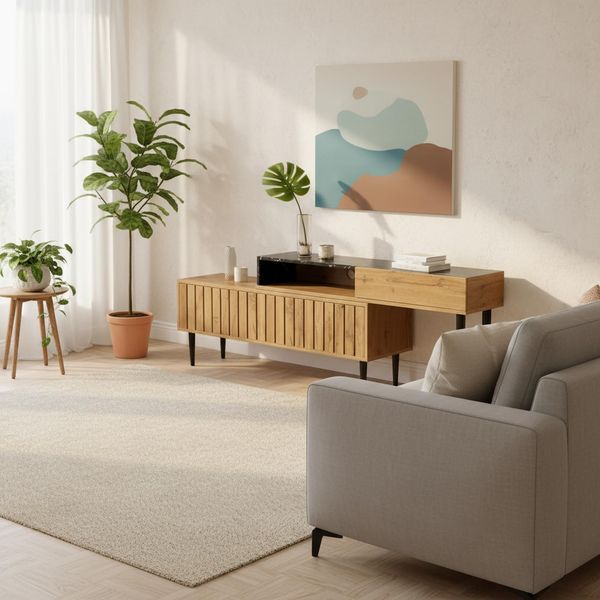 FurnitureR TV-Lowboard mit Marmor- & Holzdekor, stabile Eisenbeine & offene Regale für Fernseher & Multimedia-Geräte