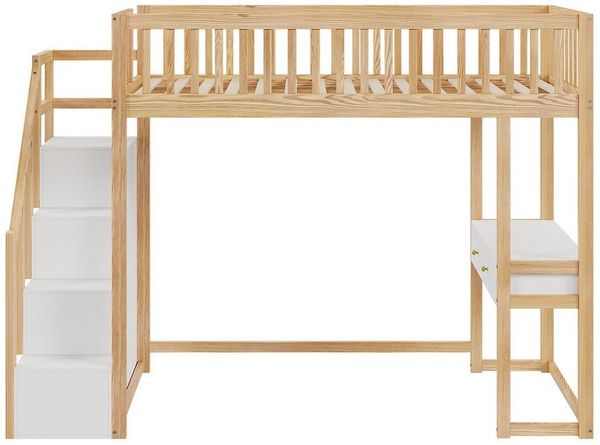 Odikalo Hochbett 90x200 Jugendbett Kinderbett mit Schreibtisch (90x200 Hochbett mit Multifunktionstisch, sicherer Aufbewahrungstreppe, Bettgestell aus massivem Kiefernholz für Kinder und Jugendliche)