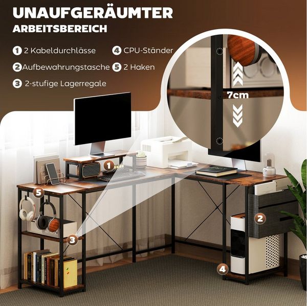 MC Star Gamingtisch L-förmiger Schreibtisch 168 x 120 cm Eckschreibtisch mit Ablagefächern (Aufbewahrungstasche Umkehrbar Computertisch mit Monitorständer GamingTisch für Büro, Heimbüro, Rustikal-Braun)
