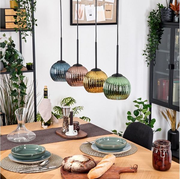 hofstein Hängeleuchte Hängelampe aus Metall/Holz/Riffelglas in Schwarz/Blau/Grün/Gold/Kupfer, moderne Pendelleuchte im Boho/Vintage-Design (Schirme 15 cm), 4 x E27