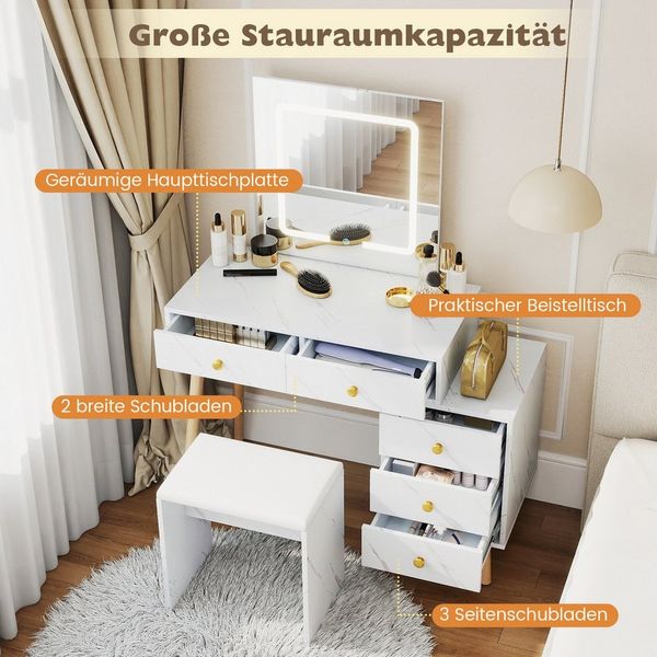 COSTWAY Schminktisch (1-St), Frisiertisch, mit LED Spiegel, Hocker, 5 Schubladen
