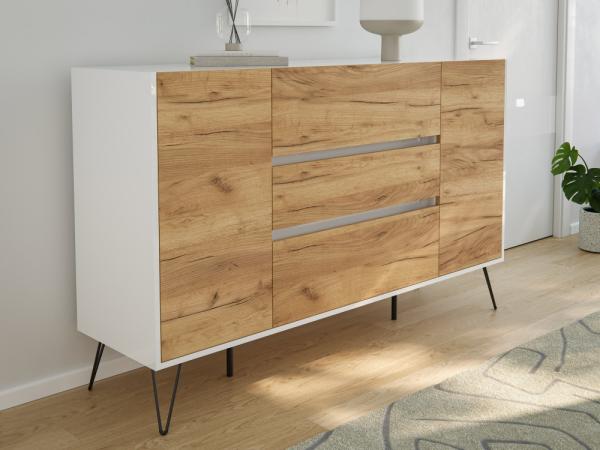 Sideboard Kommode Lovo 155cm Greifraum 3 SoftClose 2 Türen Weiß/Eiche Front : Oak Gold / Weiss hochglanz