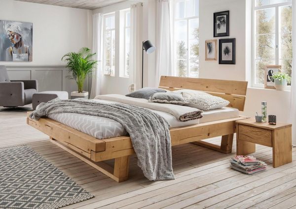 Home affaire Schlafzimmer-Set Ultima, 3-tlg, Bettgestell & 2 Nachttische aus massivem Fichtenholz, (Set, 3-tlg, Liegefläche 180x200cm, Belastbarkeit je Seite bis zu 200kg), Scandi Rustikale Balken-Optik, FSC®-zertifiziert, Pro Seite bis 200 kg