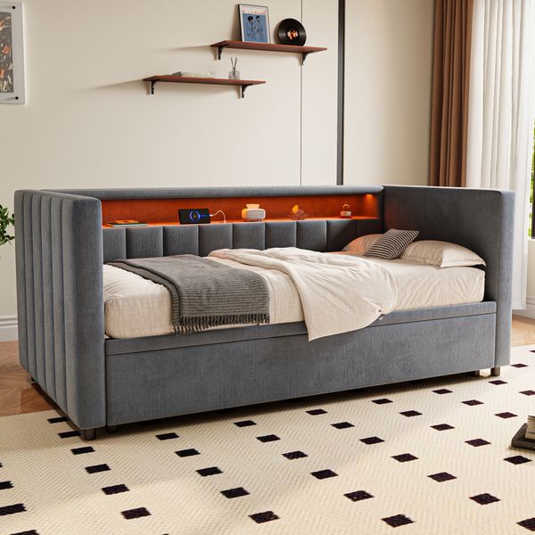 Polsterbett Ausziehbett 90/180x190 cm mit LED, USB-Type-C und Stauraum, Samt Dunkelgrau, ohne Matratze