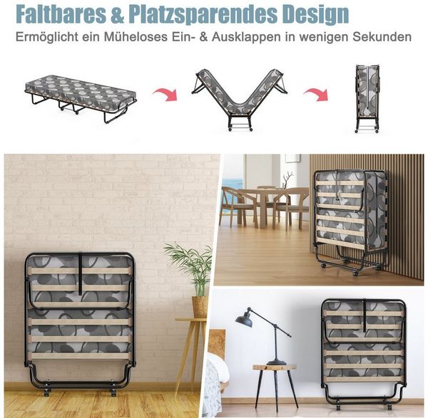 COSTWAY Gästebett klappbar mit Matratze, 80x190cm Einzelbett mit Rollen