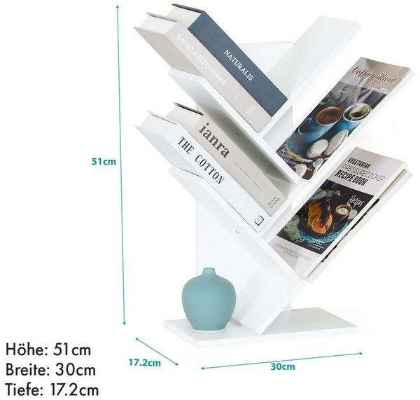 Floordirekt Bücherregal Louisiana, Baumförmiges Standregal aus Holz, mit Kippsicherung, 5 Etagen 1-tlg, 30 x 17,2 x 51 cm für Bücher, Zeitschriften, CDs, Videospiele & Deko