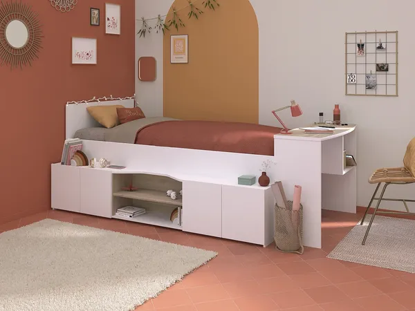 Vente-unique - JOCHIANE Bett Holz, Platte BeigeWeiß - B 240,6 cm x H 90 cm x L 115,9 cm