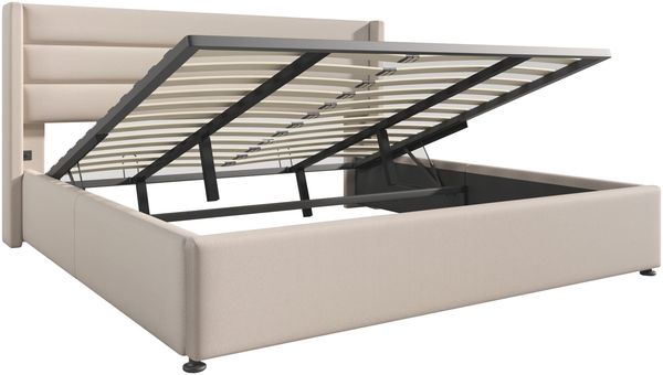 Merax Hydraulisches Polsterbett 180x200 Stauraumbett Doppelbett aus Leinen mit Metallrahmen & Lattenrost Beige