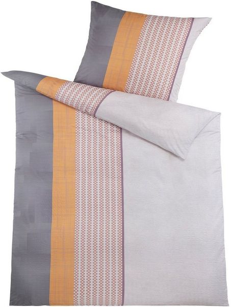 KH-Haushaltshandel Bettwäsche Seersucker Bettwäsche 135x200 +80x80 cm, längs gestreift, Seersucker, grau ocker koralle weiß, bügelfrei