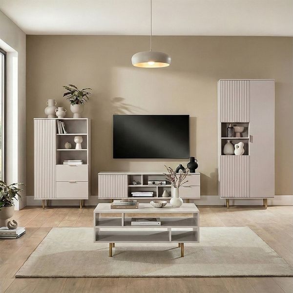 Lomadox Wohnzimmer-Set NADOR-132, (Mega-Spar-Set, 4-St, Couchtisch Highboard Lowboard Vitrine), Kaschmir mit goldfarbenen Metallgriffen und -füßen, Front Rillenoptik