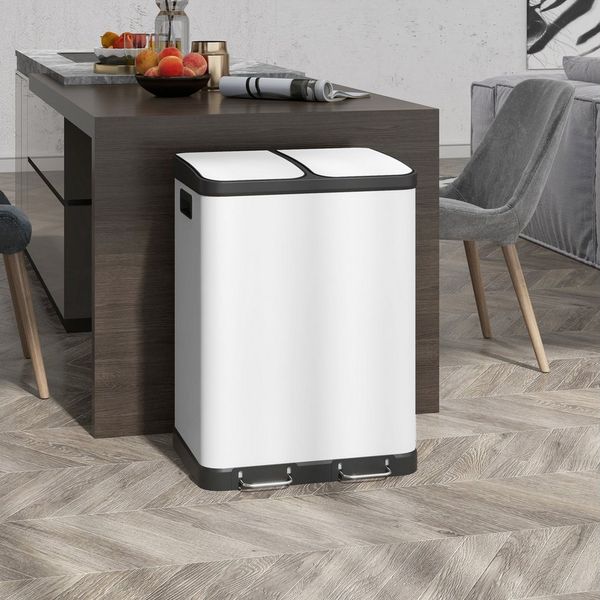 HOMCOM Mülltrennsystem Mülleimer Küche Treteimer, 2x30L, Softclose-Deckel, herausnehmbar, fingerabdruckresistent