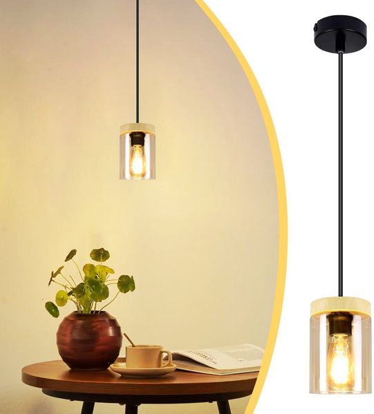 ZMH Pendelleuchte E27 Vintage Schwarz Diam. 12cm Holz Metall mit Glas Lampenschirm für Esszimmer Küche Wohnzimmer Schlafzimmer