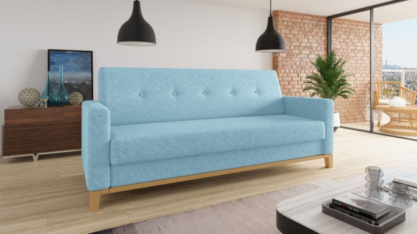 Sofa Wood mit Schlaffunktion - Schlafsofa mit Bettkasten, Bettsofa, Massivholz, Polstersofa mit Holzfüße (Blau (Twist 17))