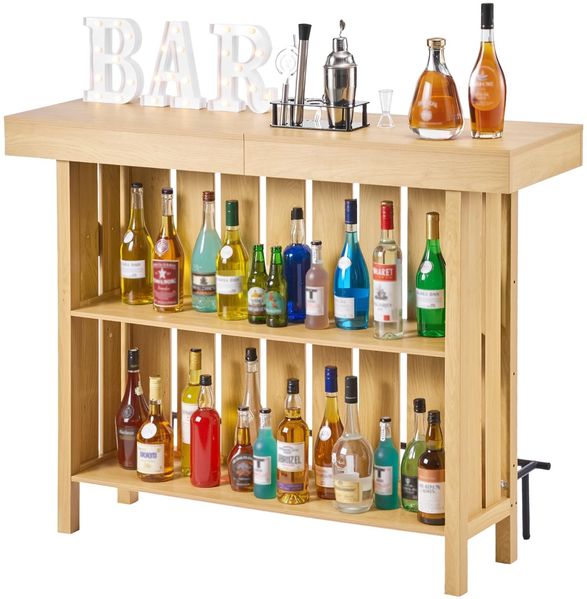 VEVOR Hausbar mit 3 Ebenen, Bartresen aus Holzwerkstoff mit Fußstütze & Flaschenöffner-Halter, Moderne Bartheke mit viel Stauraum für Wohnzimmer & Keller, Belastbar bis 81,6 kg, 1400 x 398 x 1055 mm