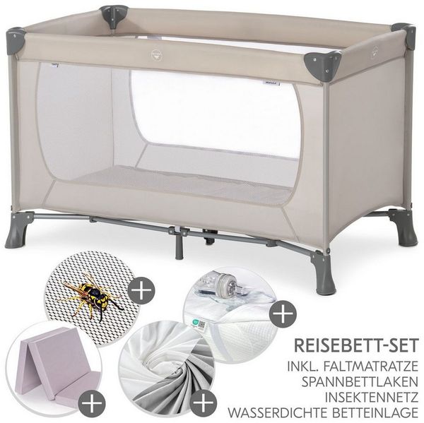 Hauck Baby-Reisebett Dream`n Play XXL Set - Beige, Baby Kinder Reisebett mit Matratze, 2 Spannbettlaken & Betteinlage