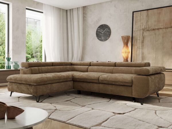 MKS Möbel 'Pablo L-Form' Ecksofa mit Schlaffunktion, verstellbare Kopfstützen, Braun, Schenille glatt, T25 Topper, Links