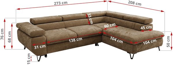 MKS Möbel 'Pablo L-Form' Ecksofa mit Schlaffunktion, verstellbare Kopfstützen, Braun, Schenille glatt, T25 Topper, Links Bild 6
