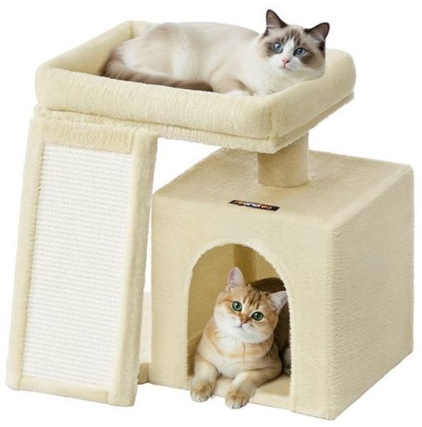 FEANDREA Kleiner Katzenbaum, Kratzbaum mit Kratzbrett, Katzenhöhle und Plattform, beige