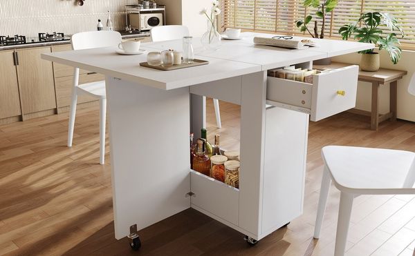 Flieks Esstisch klappbarer Küchentisch mit 2 Schubladen und Rollen (Länge 40/80/120xT75xH75 cm, 1-St, 1 Tisch), beweglich Klapptisch rechteckig Schreibtisch mit offenen Fächer Weiß