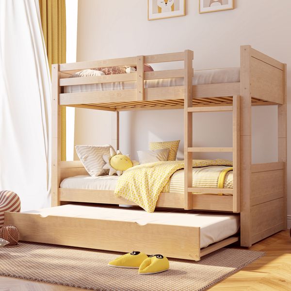 Merax 90 x 200 cm Etagenbett, Kinderbett aus Holz mit ausziehbarem Bettrahmen, umwandelbar in ein Einzelbett, mit Sicherheitsgeländer, Leiter und Lattenrost, Holz