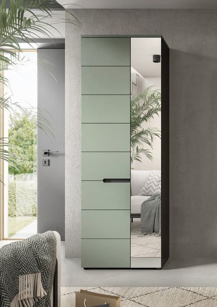 furnling Garderobenschrank Cano 1 Tür, 1 Spiegeltür, 6 Fächer, grau/grün, Garderobenmöbel, Flurmöbel