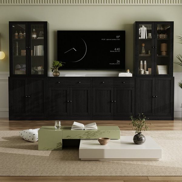 VOWNER TV-Schrank mit Bücherregalen für Fernseher bis zu 70 Zoll, 280 cm TV-Ständer (4-St) Wohnzimmer-Fernsehschrank mit gehärteten Glastüren und Einlegeböden