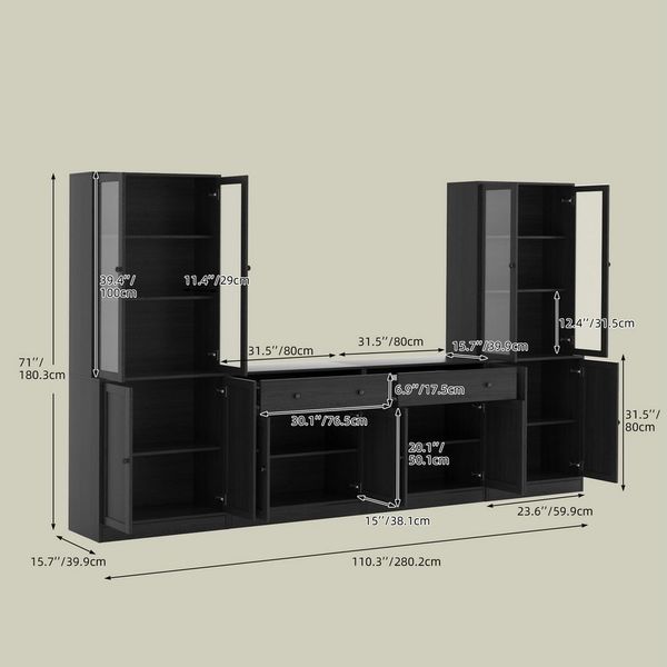 VOWNER TV-Schrank mit Bücherregalen für Fernseher bis zu 70 Zoll, 280 cm TV-Ständer (4-St) Wohnzimmer-Fernsehschrank mit gehärteten Glastüren und Einlegeböden