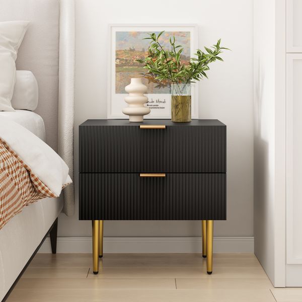 Nachttisch mit 2 Schubladen, Schwarz, Modernes Nutdesign, Holz Nachtschrank mit Metallbeinen, Beistelltisch Schlafzimmer