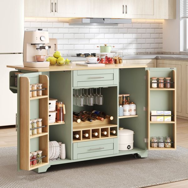 Merax 120cm Küchenwagen mit klappbarer Arbeitsplatte, Kücheninsel auf Rollen mit Weinregal, Glashalter, Gewürzregal & Handtuchhalter, Grün