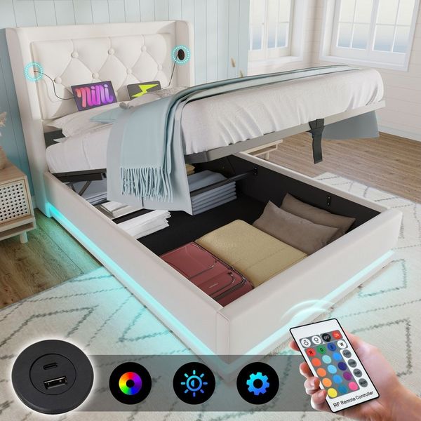 BlingBin Polsterbett Hydraulisches Stauraumbett (1-tlg, Einzelbett gepolstertes Kopfteil mit USB Typ-C Ladefunktion), PU-Material, 3-seitige LED-Funktion