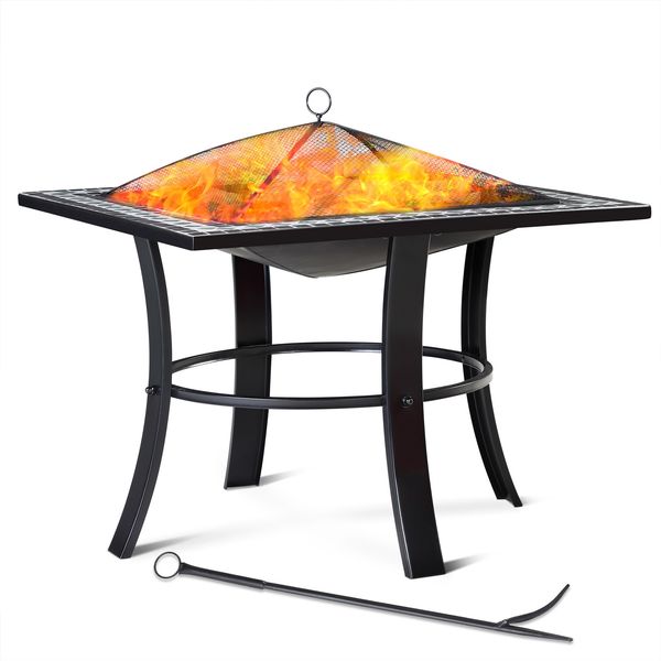 GARDEBRUK® Feuerschale, mit Funkenschutz, Schürhaken, Abdeckung, Rost, Mosaik, Stahl Schwarz, 76 x 76 x 70 cm
