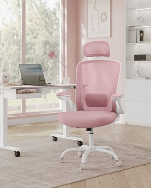 Songmics Bürostuhl ergonomisch, mit Mesh, gepolsterte Lendenstütze, Wippfunktion, 53 cm große Sitzfläche, klappbare Armlehnen, Kopfstütze, pastellrosa, 64x64 x (115-130) cm