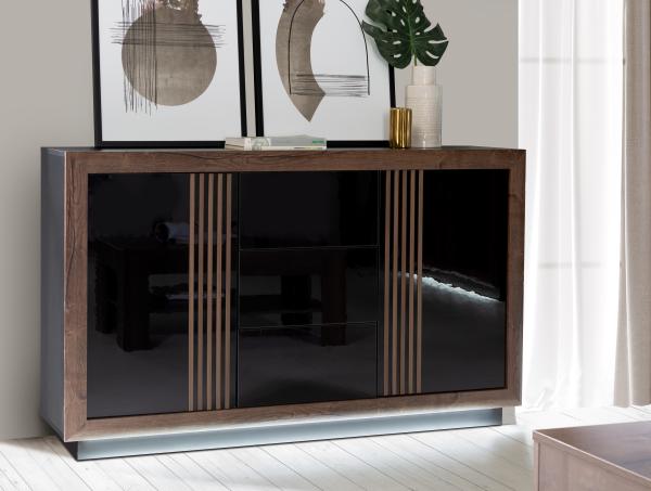 FORTE Savona Sideboard mit LED Beleuchtung, Holzwerkstoff, Schwarz/Braun, 162,7 x 98,2 x 42,3 cm