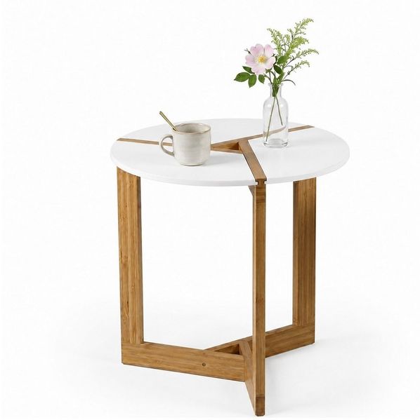 HOOZ Beistelltisch Bambus Sofatisch rund – Couchtisch Set Wohnzimmer Weiß-Natur Ø 50 cm (Einzelteil, 1-St, bestehend aus einem Kaffeetisch), Stilvoller Satztisch aus Bambus für Wohnzimmer und Schlafzimmer