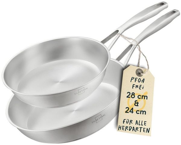 SILBERTHAL Bratpfanne 2er Set, Edelstahlpfanne Unbeschichtet Induktion, Edelstahl (2-tlg), für Röstaromen, spülmaschinenfest, backofenfest bis 400°C