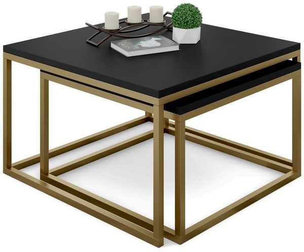 Lookway Couchtisch YOSHI 2in1 mit matt schwarze Platte auf mattem Goldgestell (2er-Set), Breite: 70 cm und 60 cm