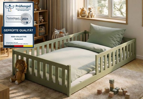 Kids Collective Kinderbett Bodenbett Bett mit Rausfallschutz & Lattenrost Montessori Bett Kinder (Jungen, Mädchen, Kinder, weitere Größen 80x160, 80x180, 90x190, 90x200, 140x200 cm), Jugendbett Gitterbett Einzelbett mit Matratze, Olivgrün 120x200 cm