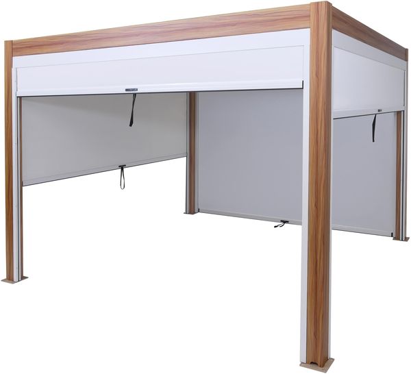 Pergola HWC-L46 mit Seitenwand, Lamellen-Pavillon Rollo, 10cm-Alu-Gestell, sturmfest 3x3m ~ Gestell Holzoptik, weiß Bild 9