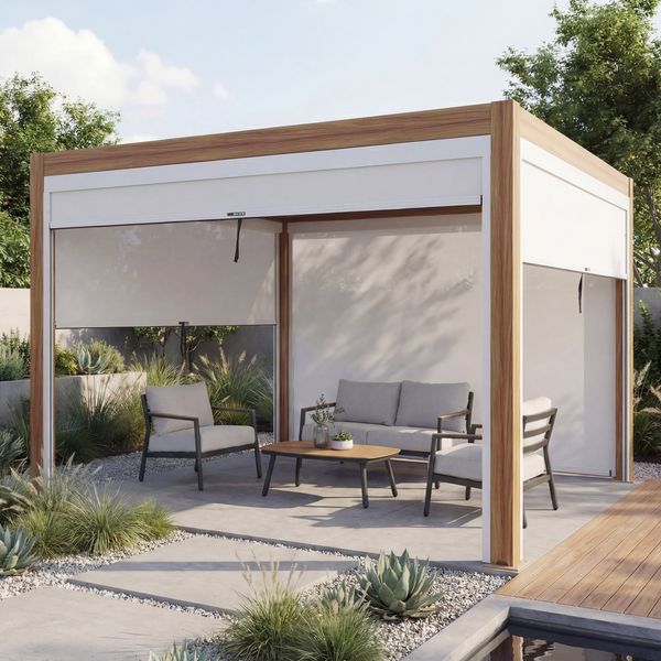 Pergola HWC-L46 mit Seitenwand, Lamellen-Pavillon Rollo, 10cm-Alu-Gestell, sturmfest 3x3m ~ Gestell Holzoptik, weiß