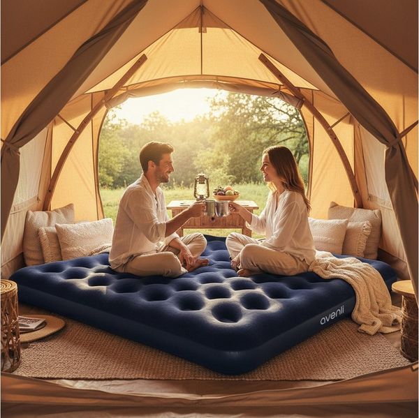 Avenli Luftmatratze Luftbett Camping für 2-3 Personen blau 203x183x22cm King-Size, (aufblasbar Ideal als Reisebett oder Isomatte, für Indoor und Outdoor mit beflockter Oberfläche), Campingmatratze ohne Pumpe